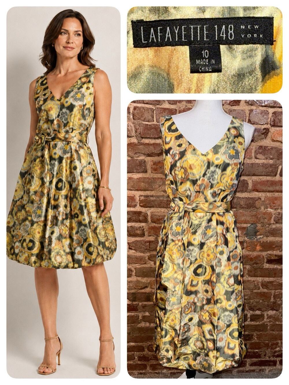 Lafayette 148 New York Sz 10 Ikat Floral Bubble Hem Belted Dress Wedding - EUC